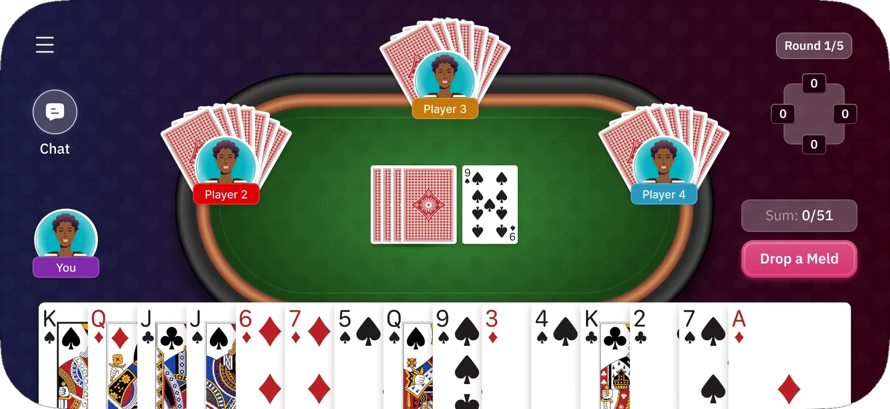 The four-player table — three opponents around the felt