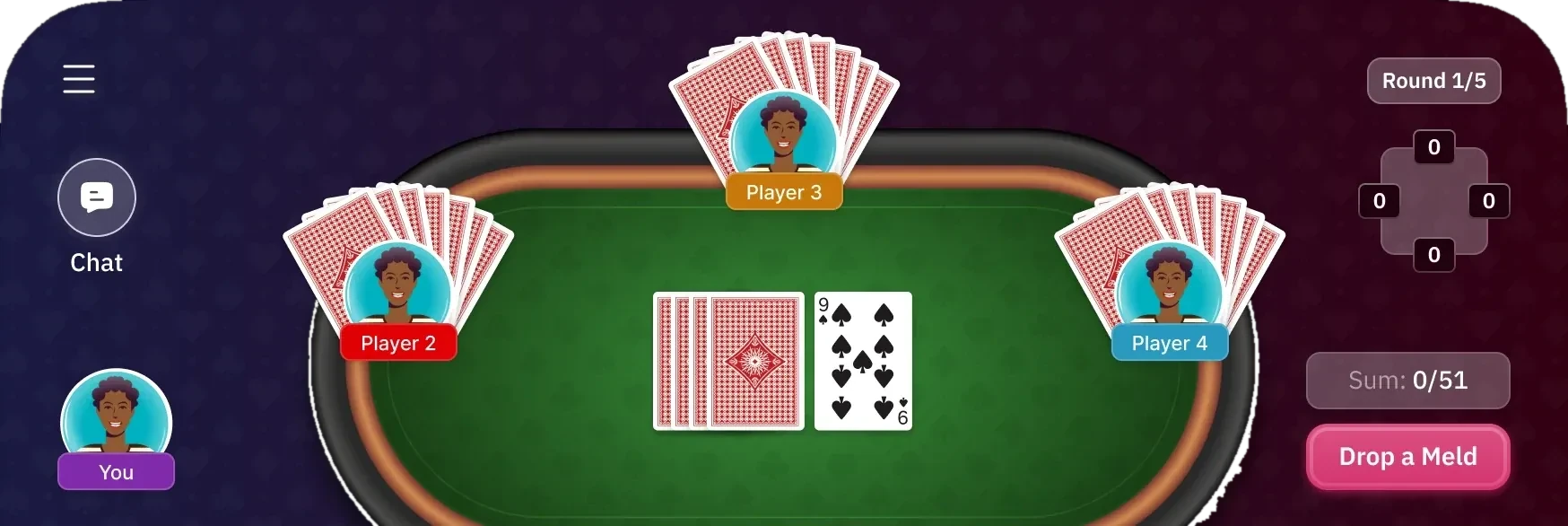 The four-player felt table — three opponents fanned around the oval, the discard pile at the centre, and chat, round counter, score cross and “Drop a Meld” pushed out to the rim