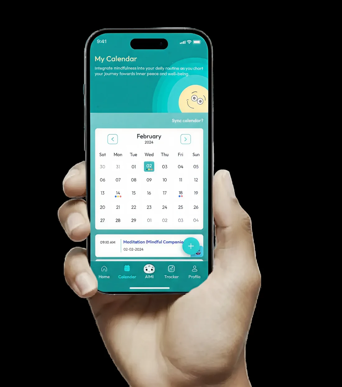 A hand holding the phone with the in-app calendar, a scheduled session marked in February