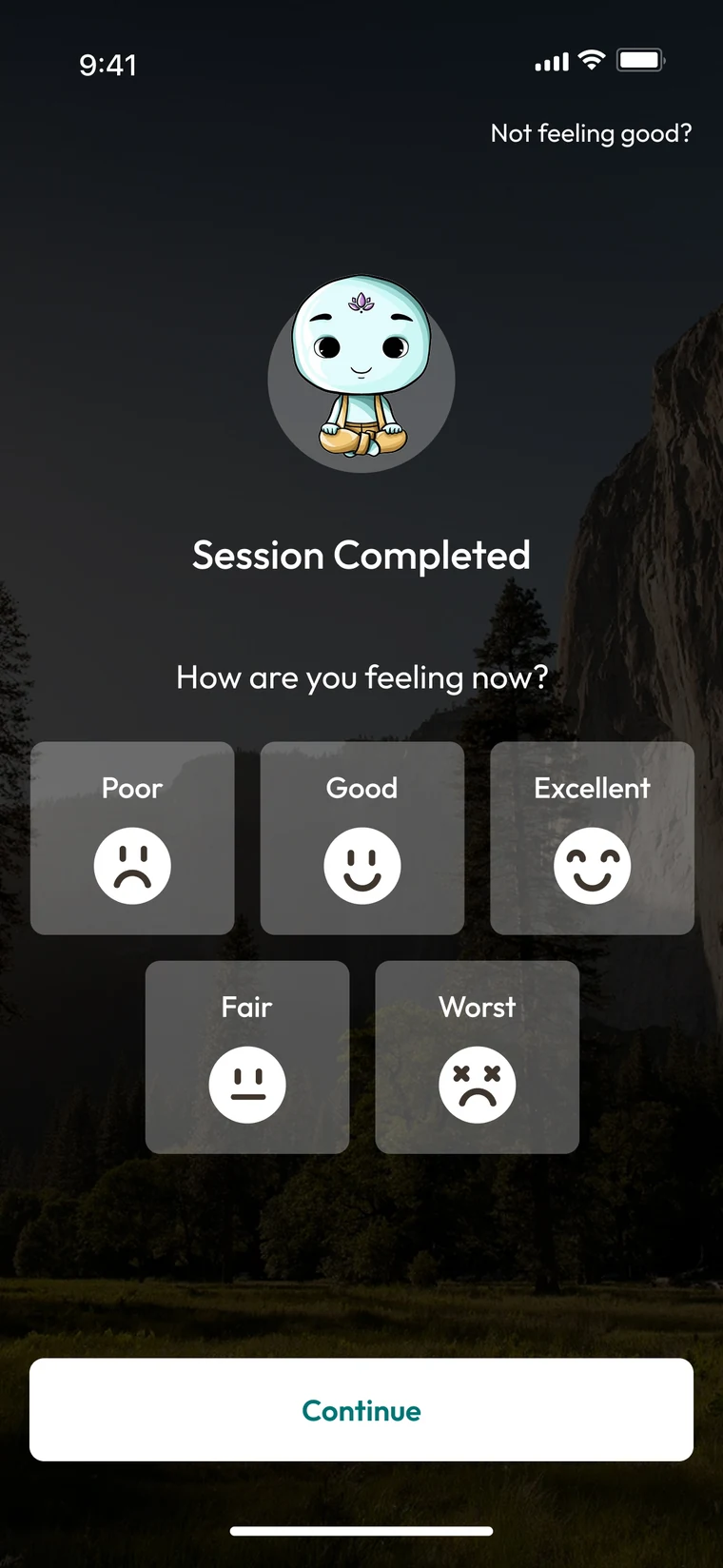 Session completed — a mood check-in asking how you feel now