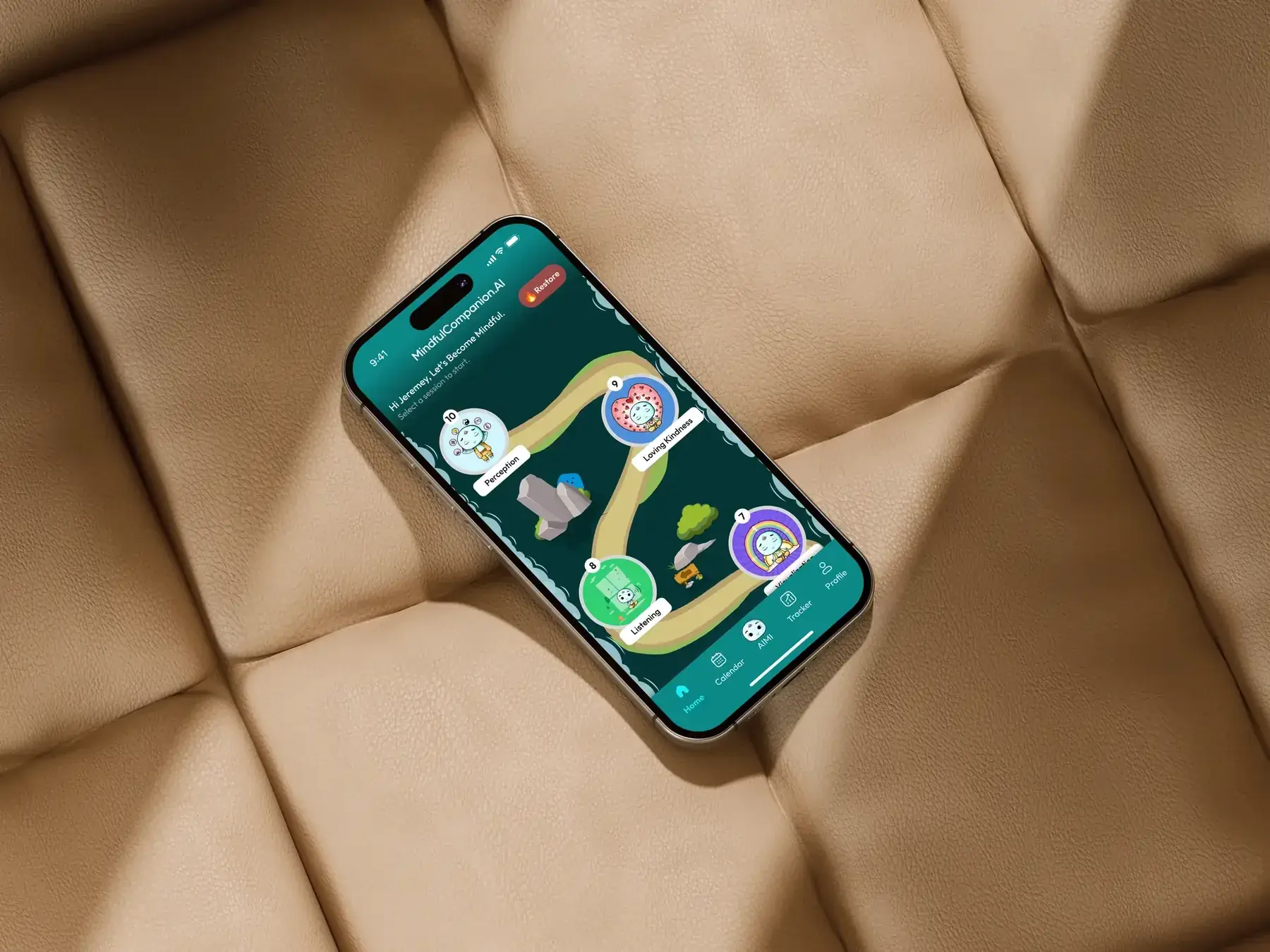 The Mindfulness Companion app open on an iPhone resting on a tan leather sofa