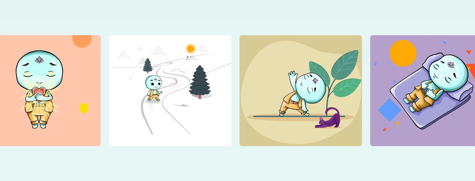 Four illustration cards showing AIMI through the day