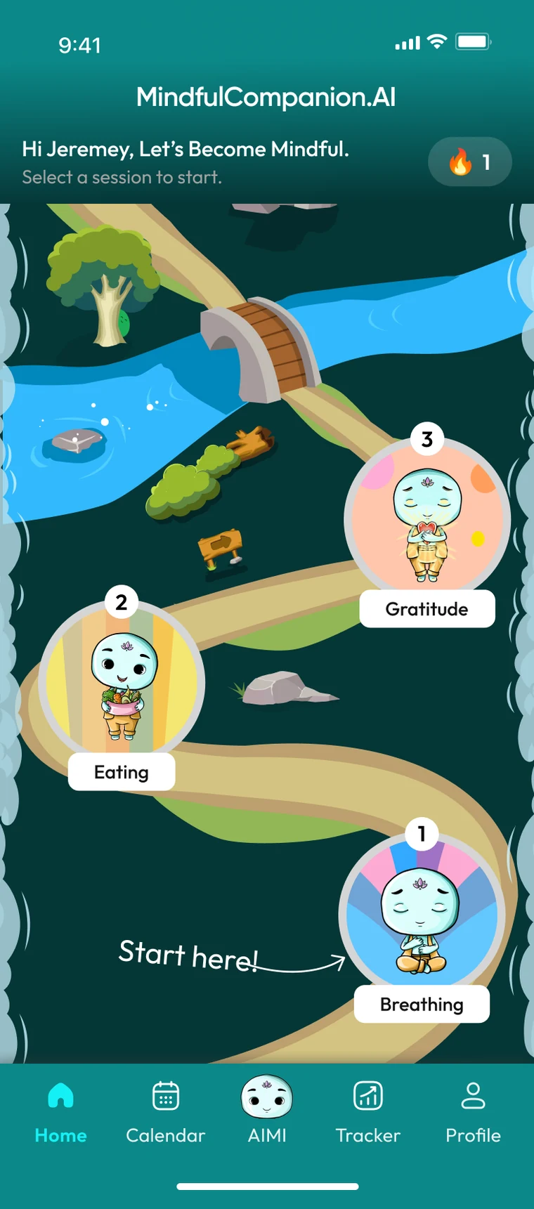 The gamified journey map — breathing, eating and gratitude stops along a winding path
