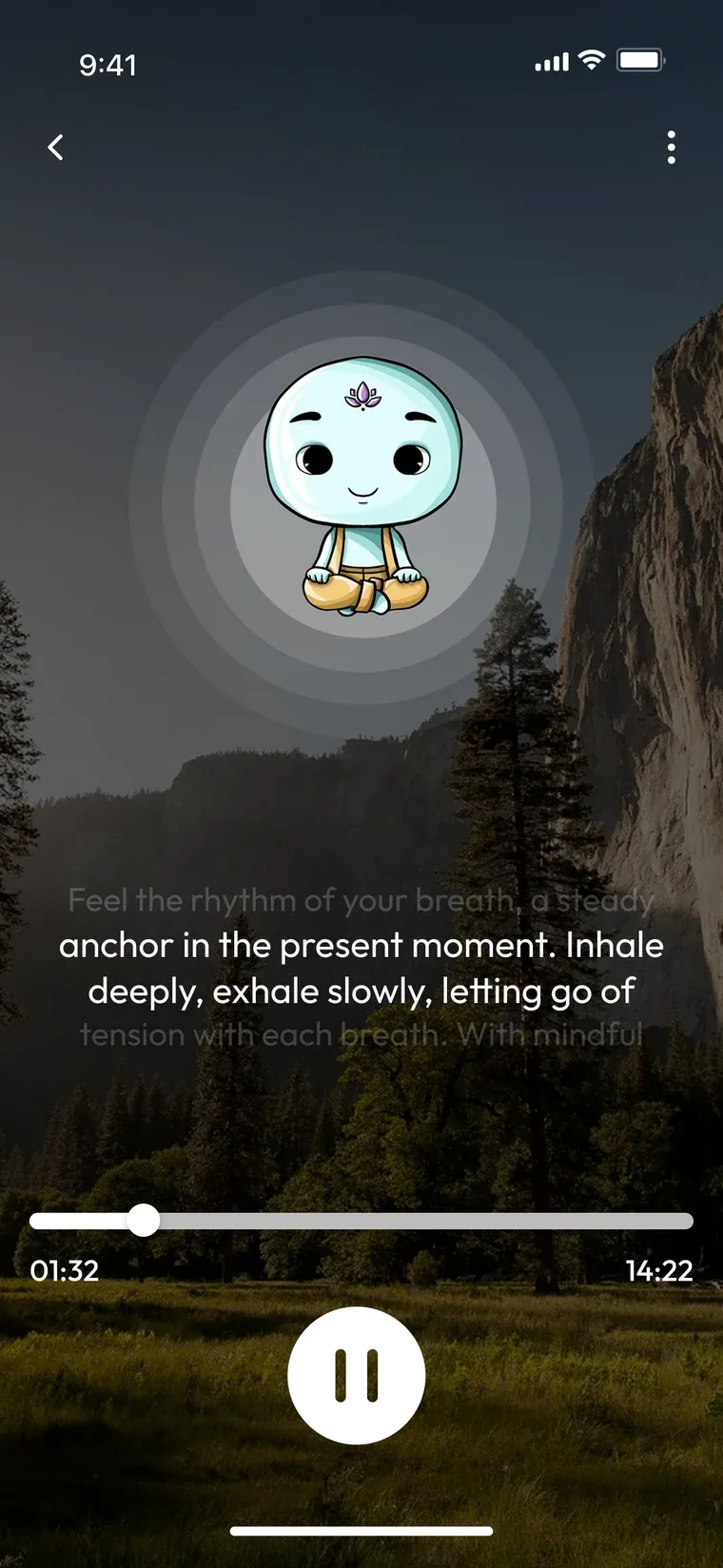 A guided session playing over a mountain scene, with breathing instructions