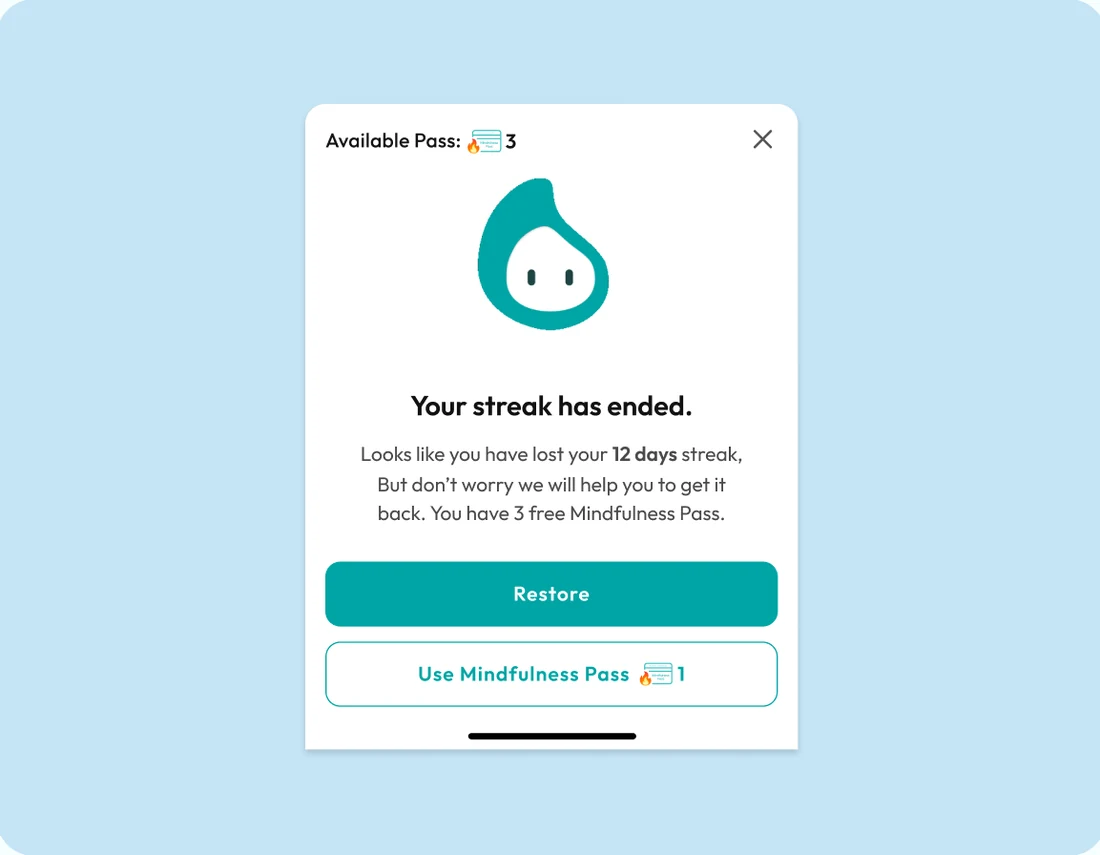 A modal explaining that a twelve-day streak has ended, offering a Mindfulness Pass