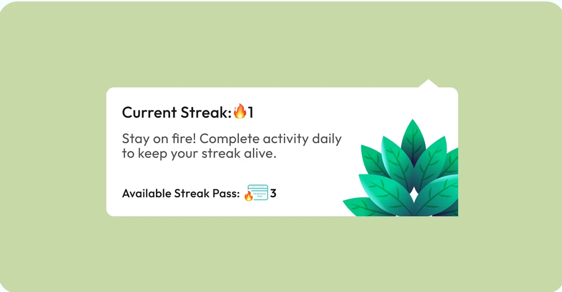 An in-app toast showing the current streak and remaining passes