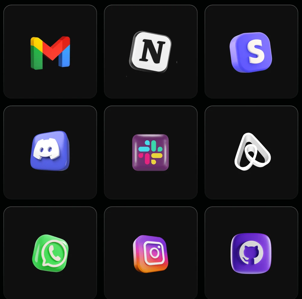 Grid of connected applications — Gmail, Notion, Slack, Discord, WhatsApp and more