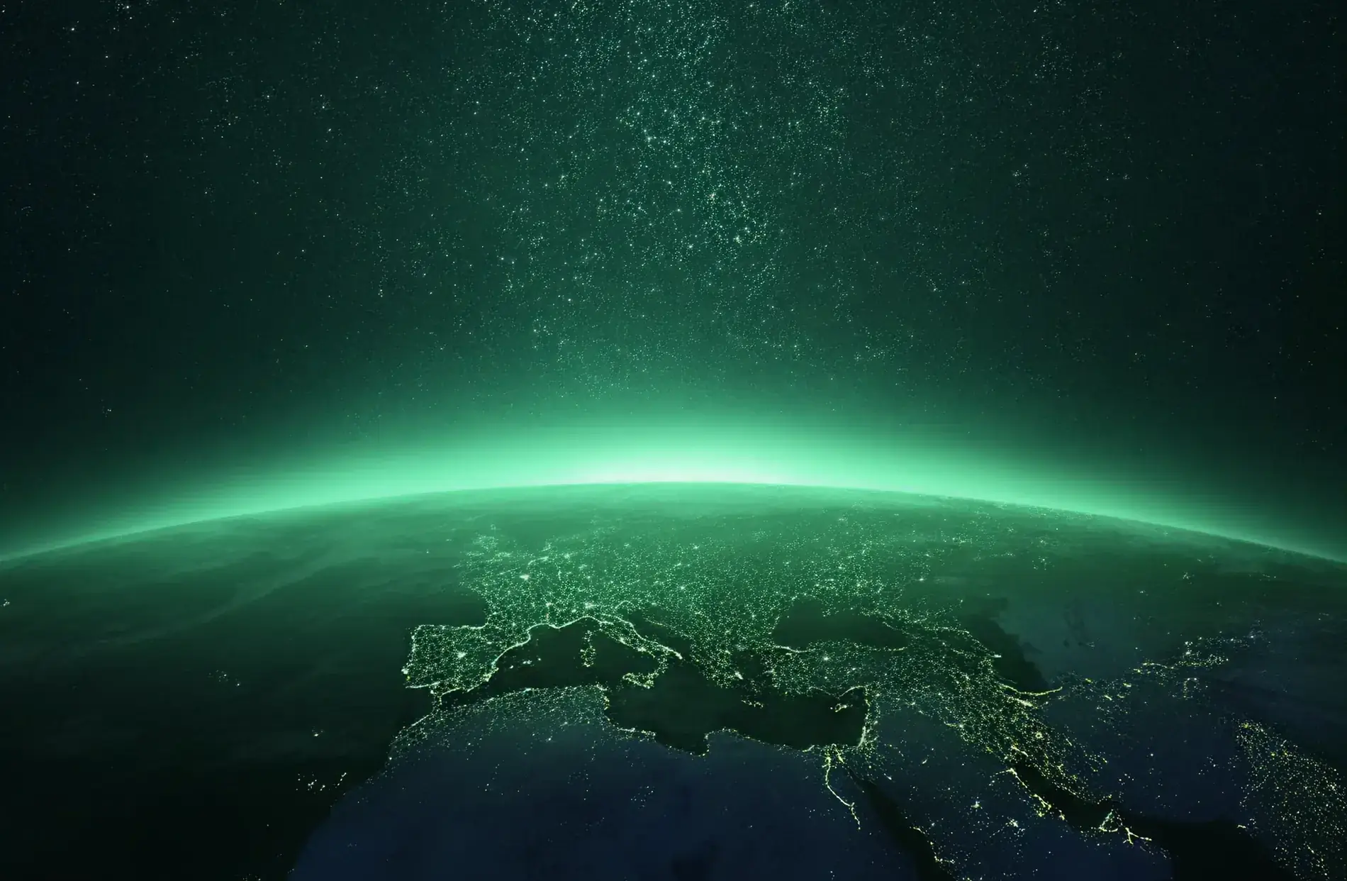QntumAi key visual — a green atmospheric horizon seen from orbit