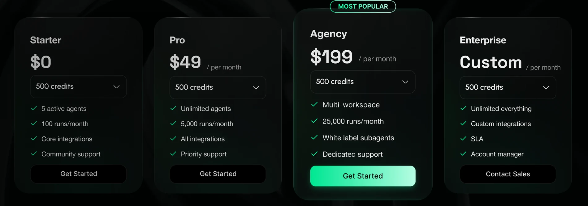 Public pricing — Starter, Pro, Agency and Enterprise