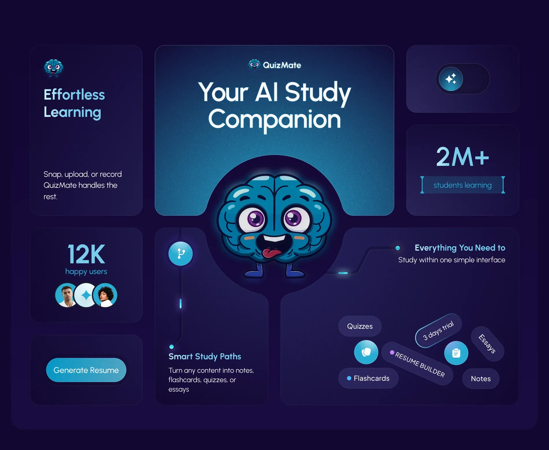 QuizMate brand board: the AI study companion mark, adoption figures and feature pills