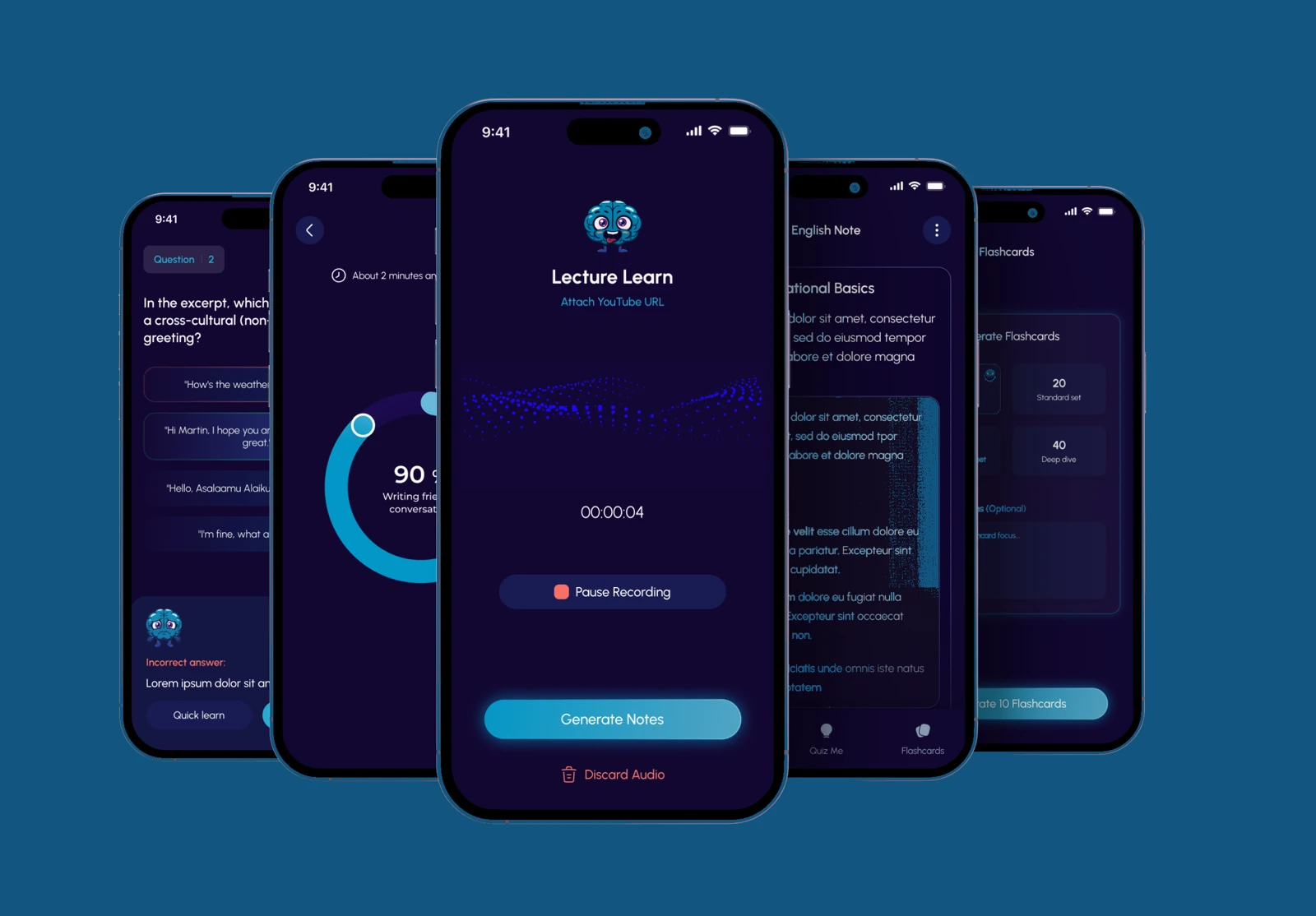 A fan of five QuizMate screens: quiz question, recording progress, the Lecture Learn recorder, transcript notes and flashcards