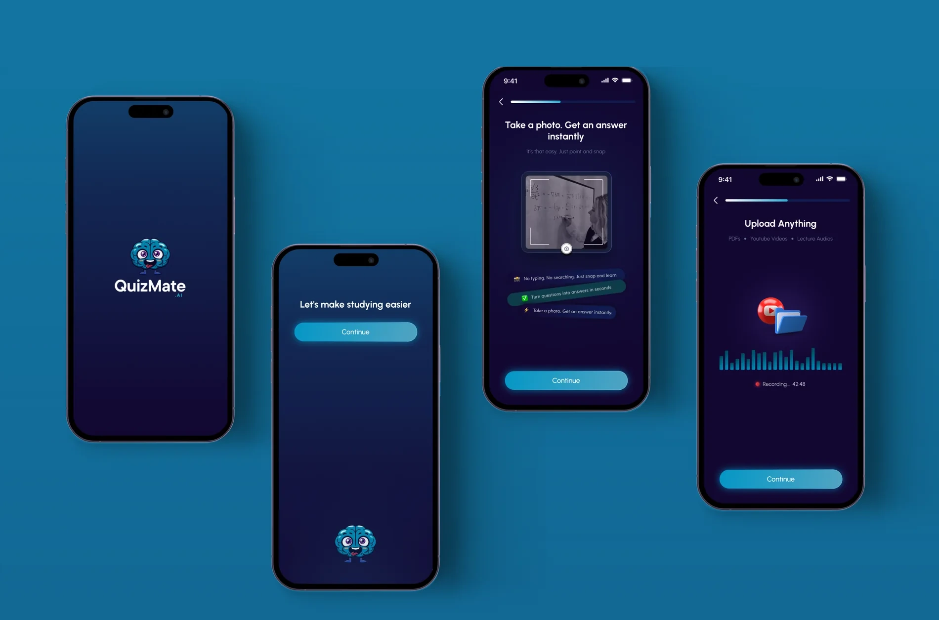 Four QuizMate onboarding screens: splash, promise, camera explainer and upload