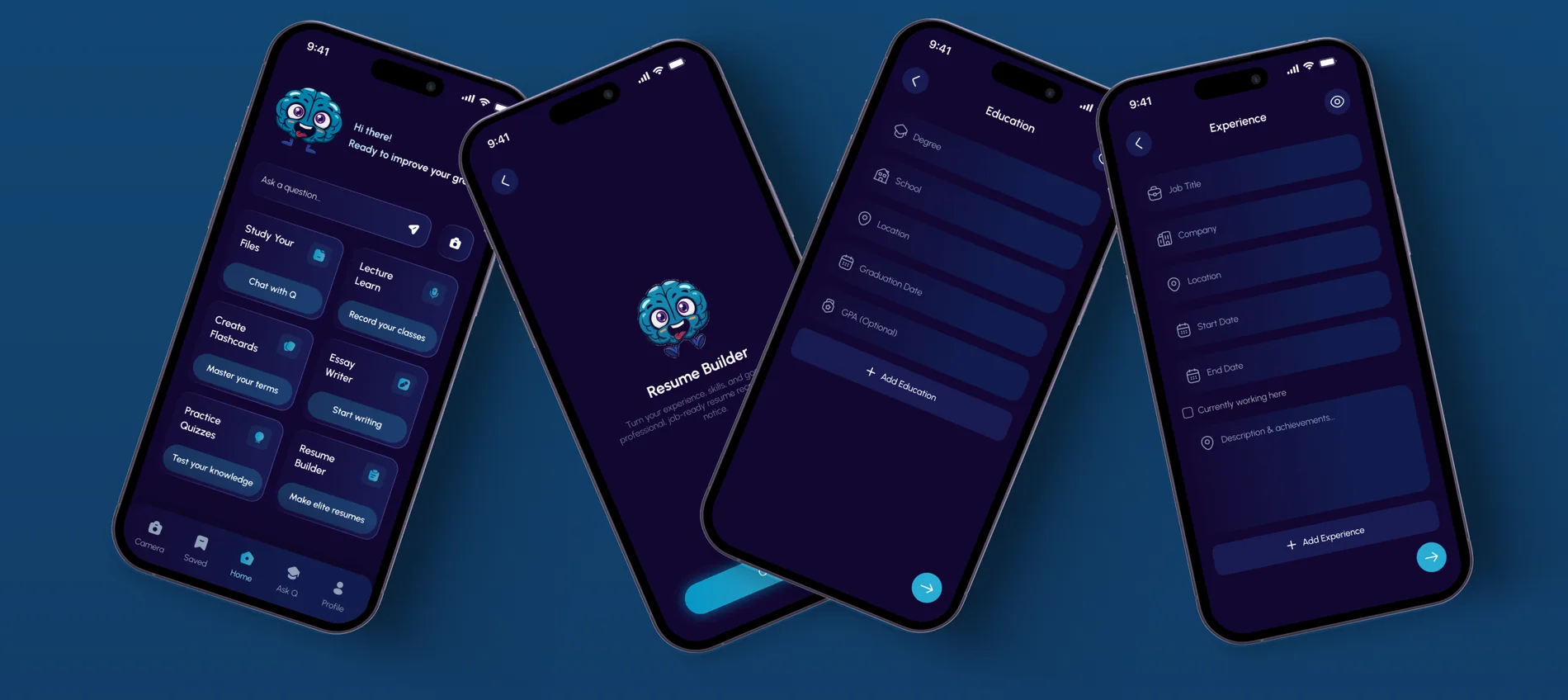 Four tilted handsets showing QuizMate's guided resume builder