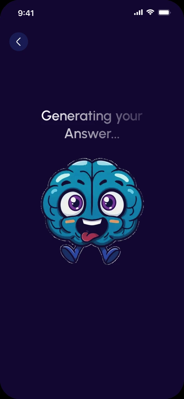 QuizMate generating an answer, with the brain mascot mid-thought