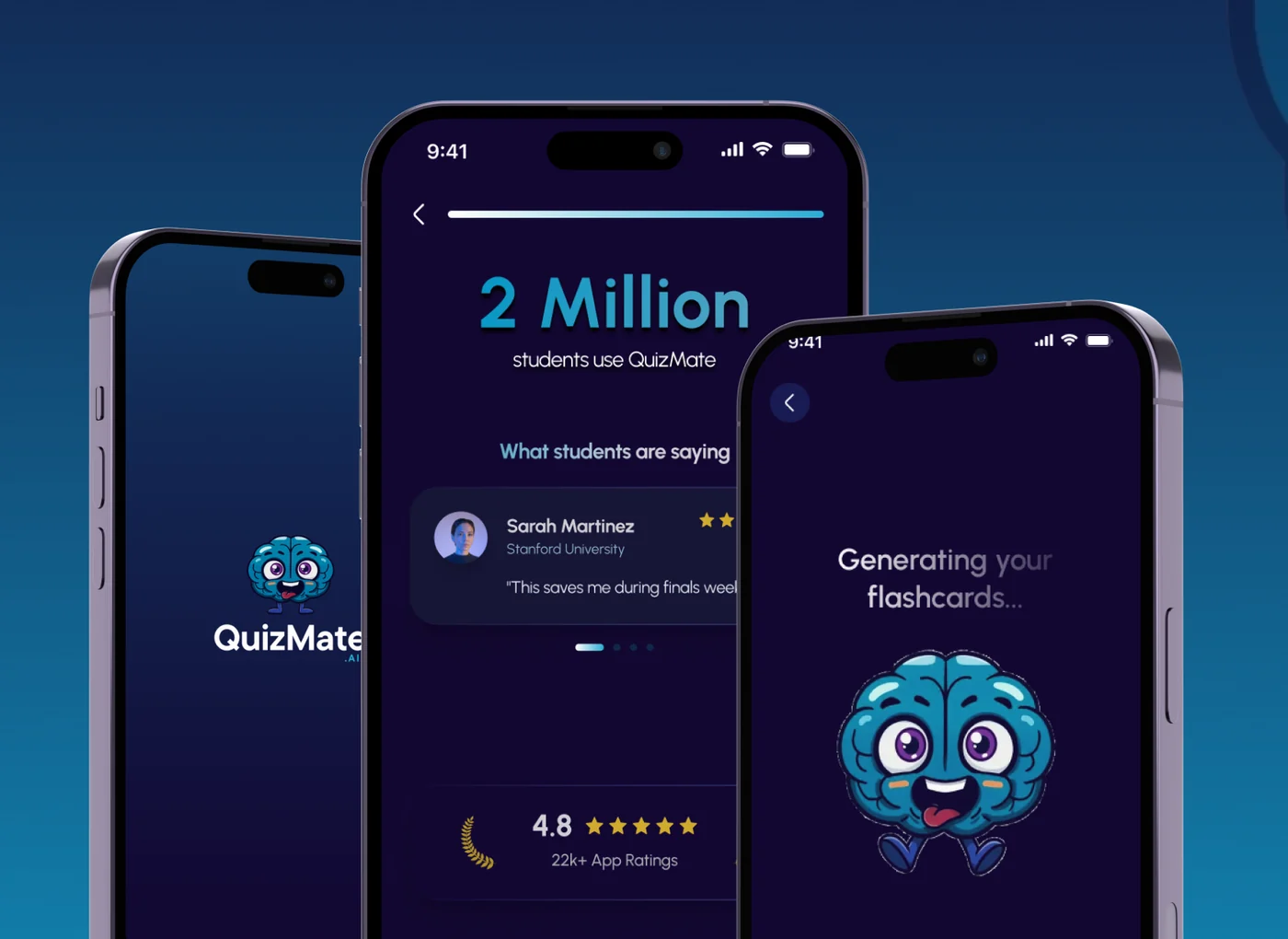 QuizMate splash, social proof and flashcard-generation screens on three handsets