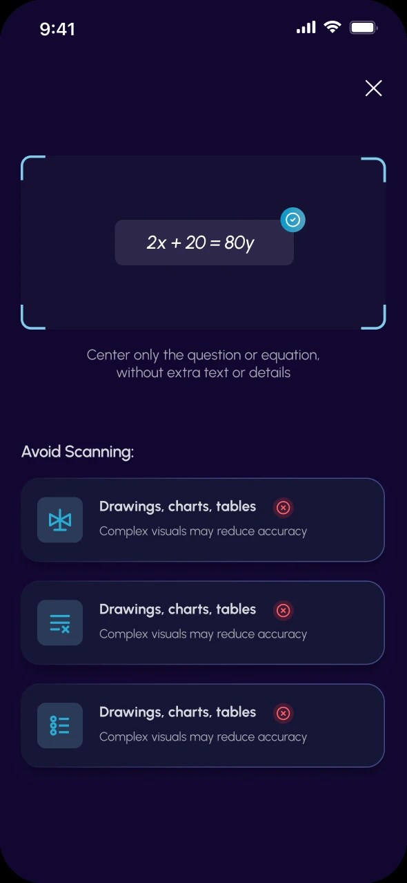 QuizMate scan guidance: centre the question, and a list of visuals to avoid