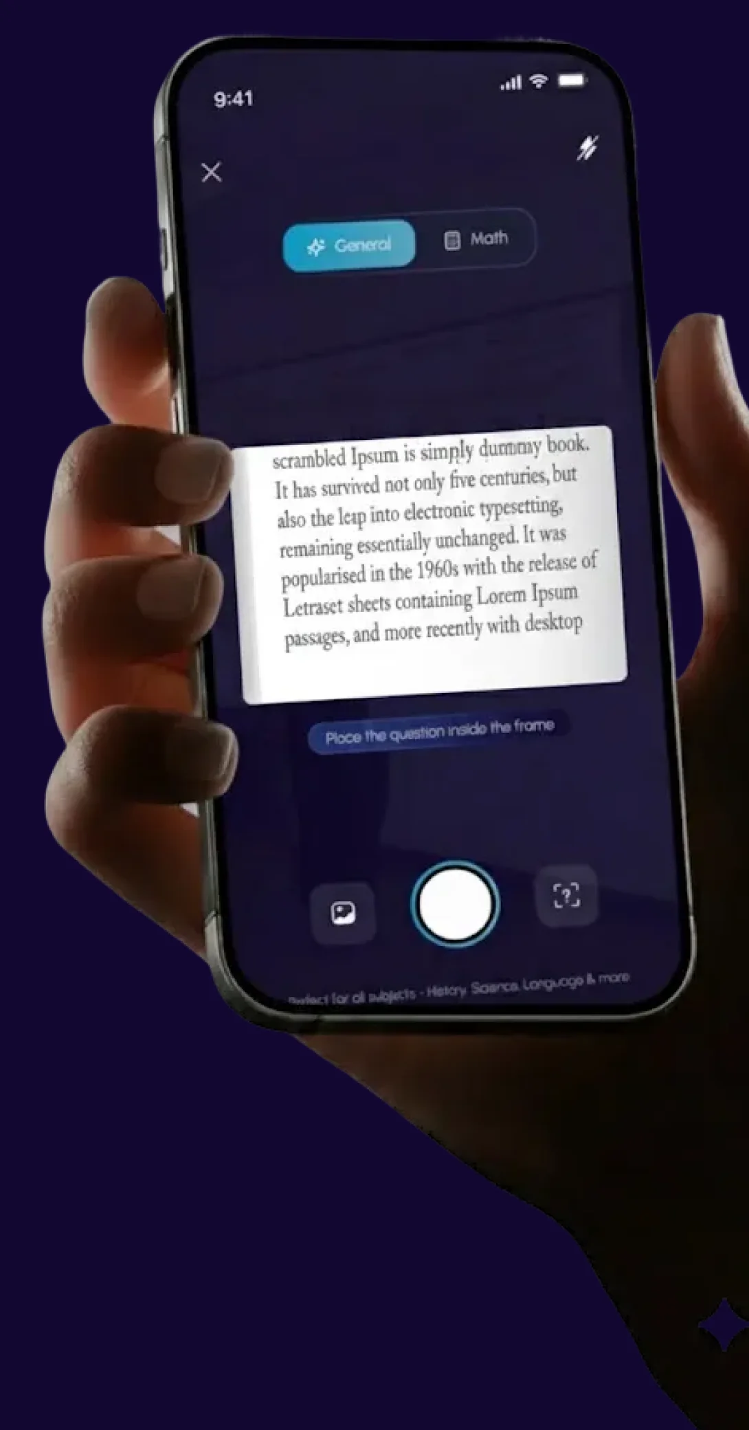 A hand holding an iPhone, framing a printed paragraph inside QuizMate's scanner
