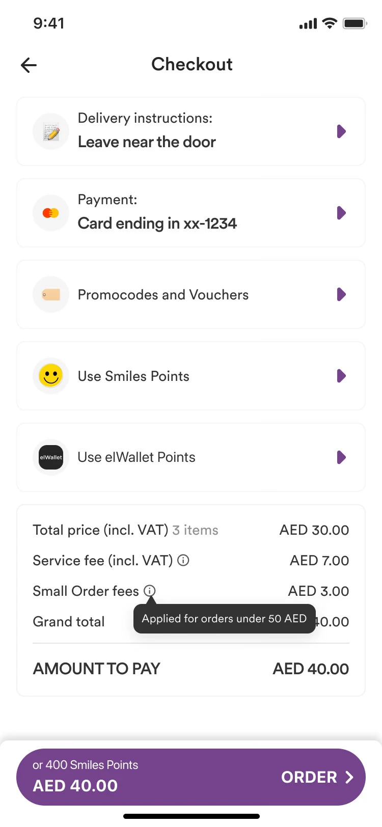Smiles Market checkout: delivery, payment, promo codes and a full price breakdown