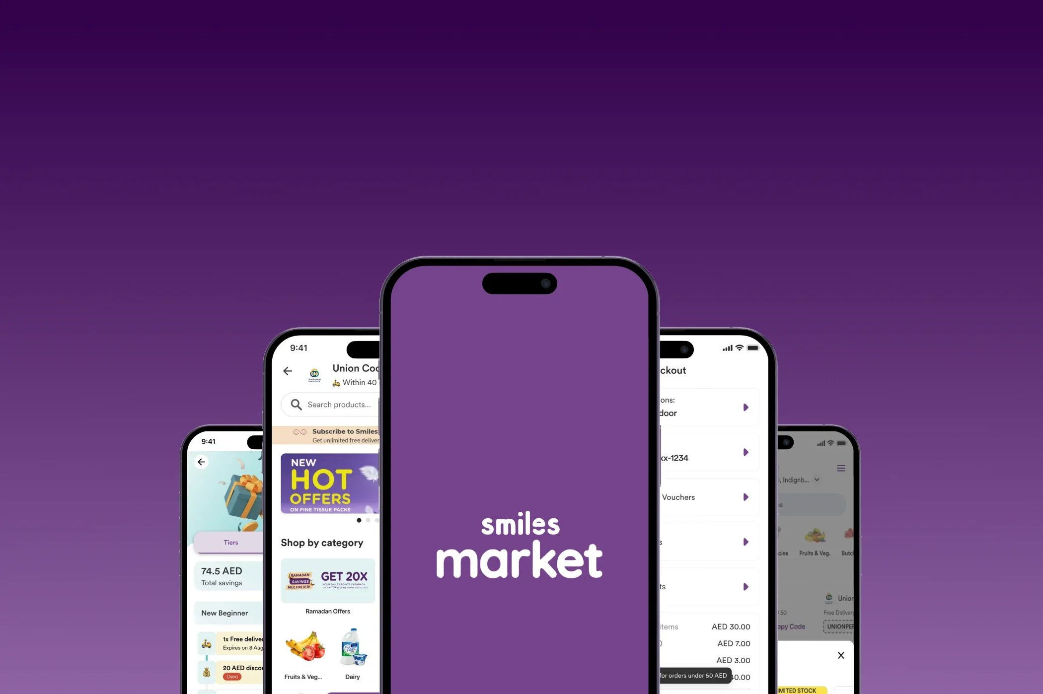Smiles Market — five app screens arranged around the wordmark