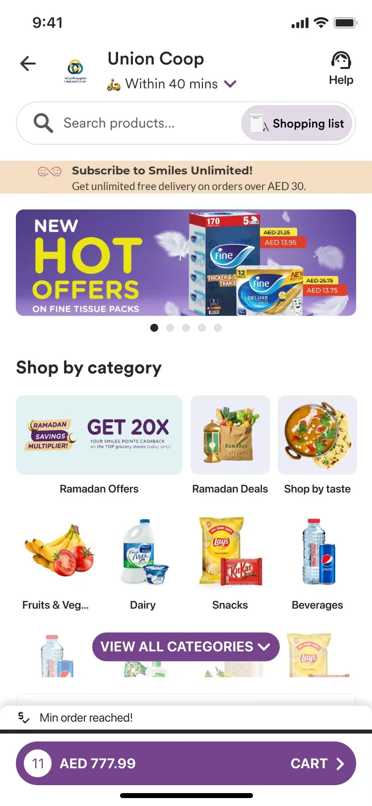 Smiles Market storefront: search, category grid and a featured offers carousel