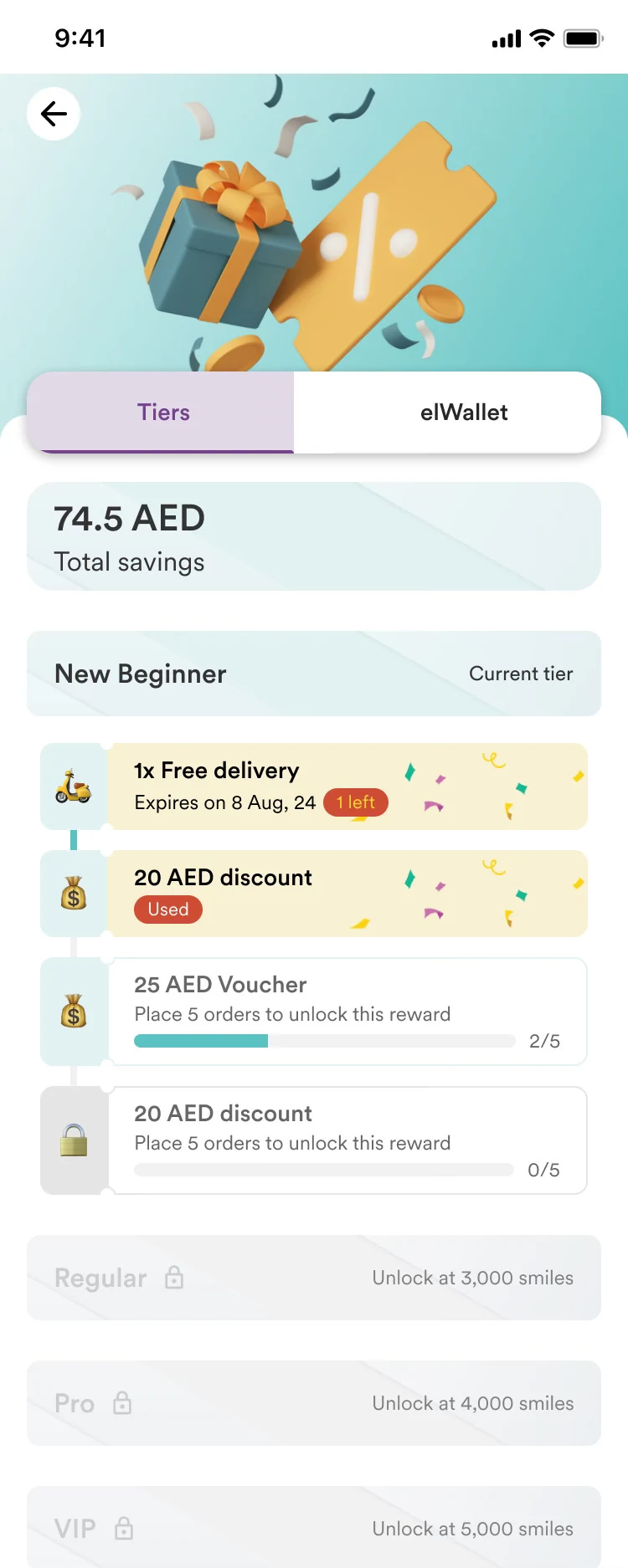 Smiles rewards screen: total savings, tier ladder and unlockable vouchers