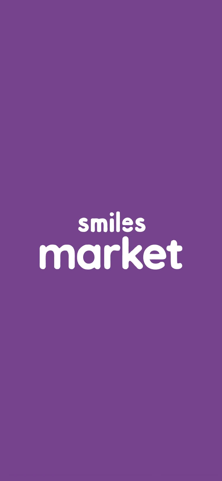 Smiles Market launch screen with the wordmark on brand purple